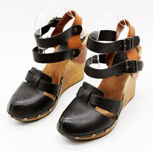 See by Chloe Leather Clog Double Buckle Ankle Straps Wooden Wedge Heel Sandal 38